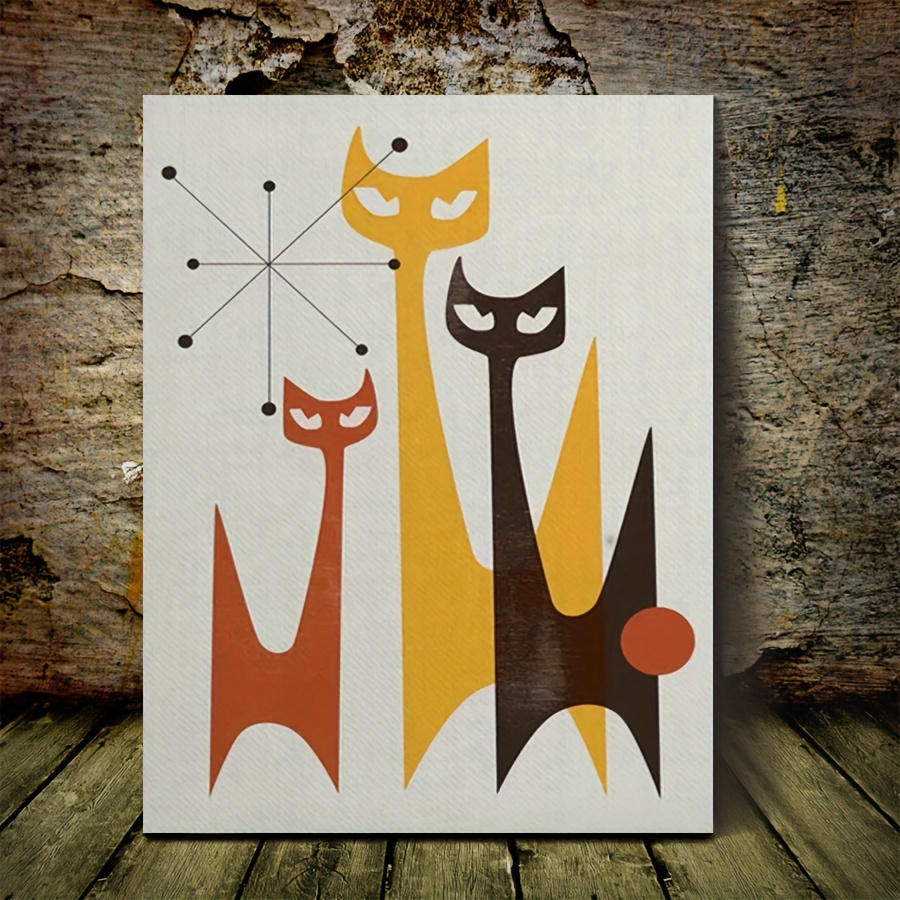 1pc Retro Cat Art Mid Century Modern Cats Canvas Wall Art Bedroom Decor For Living Room Dining Room Kitchen Office Home Decor With Framed Ready To Hang 11.8inx15.7Inch