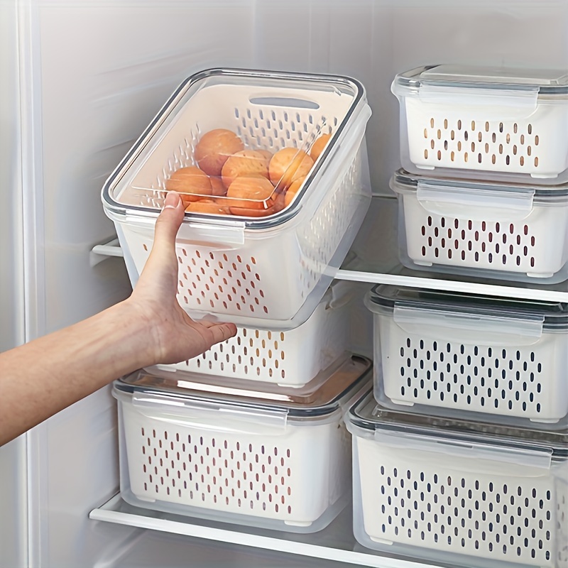 

1pc, Fruit Vegetable Produce Storage Saver Containers With Lid & Colander, Plastic Fresh Keeper, Refrigerator Fridge Organizer, For Salad Berry Lettuce Food Meat Fish Celery