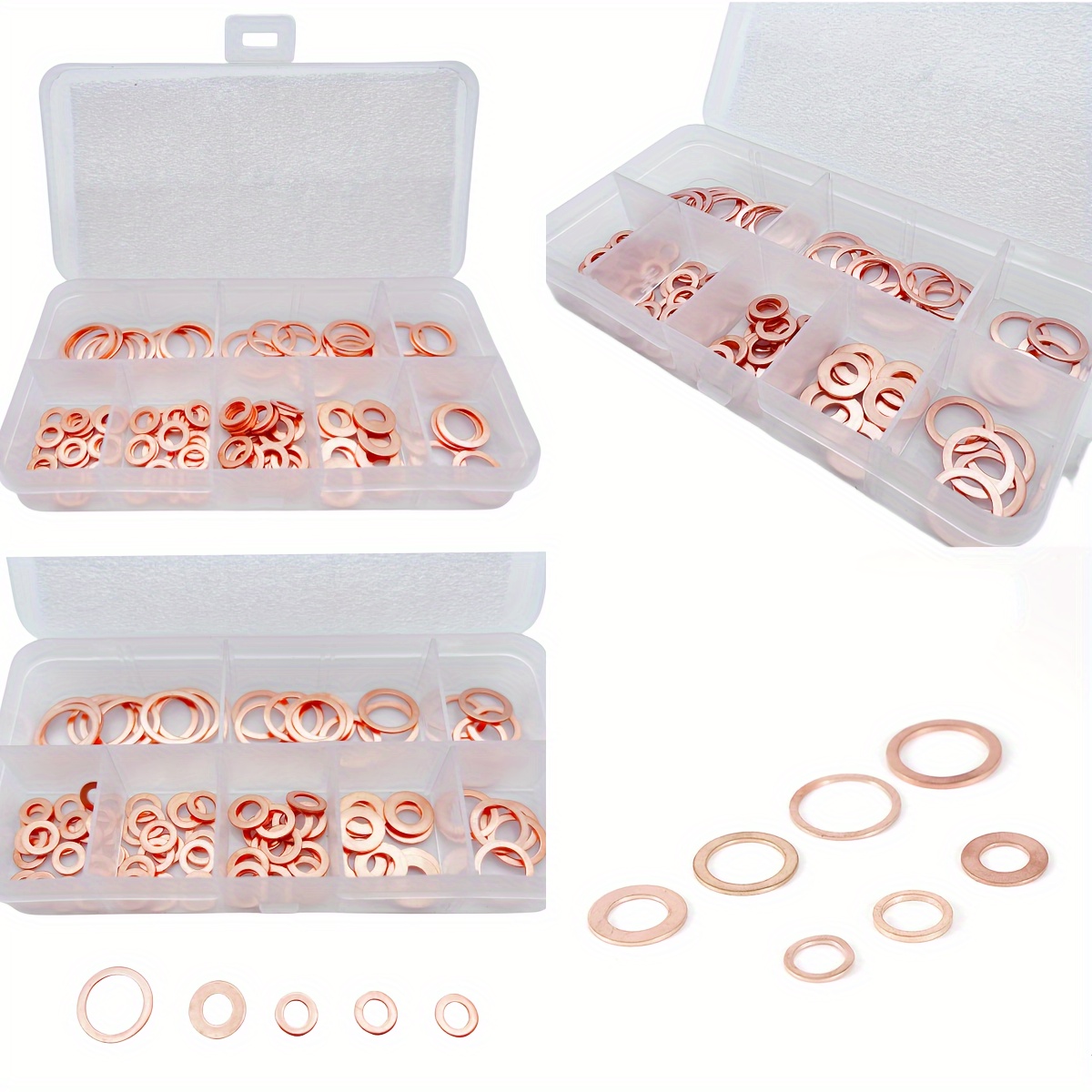 Arandelas de cobre, arandelas de cobre, 568 piezas, 30 tamaños, arandelas  de cobre, juego de anillos planos con caja de plástico, arandelas de anillo