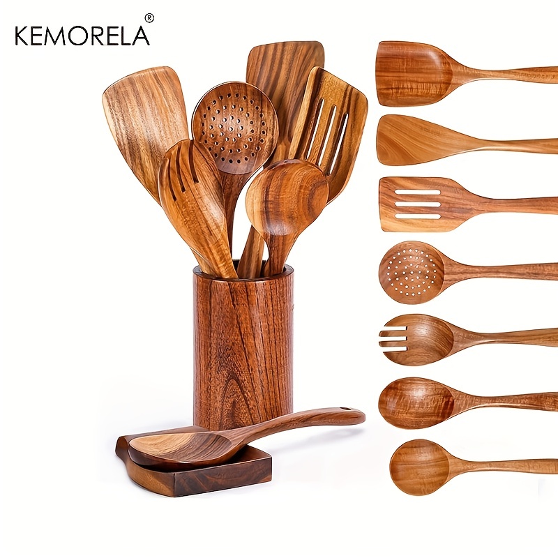 Organizador de utensilios de madera de mango, soporte para cucharas,  tenedores, cuchillos, sal pimienta, servilletas, organizador de cubiertos