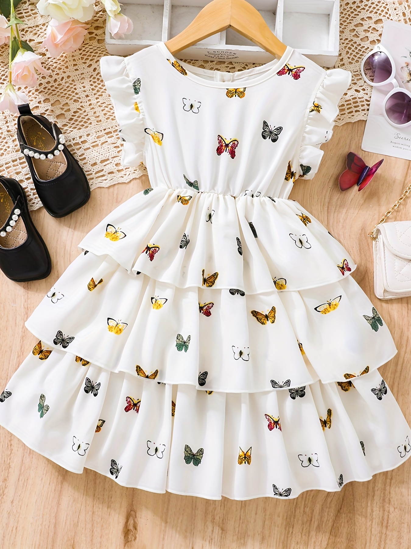 Girls Flutter Sleeve Butterfly Print A line Tiered Casual - Temu