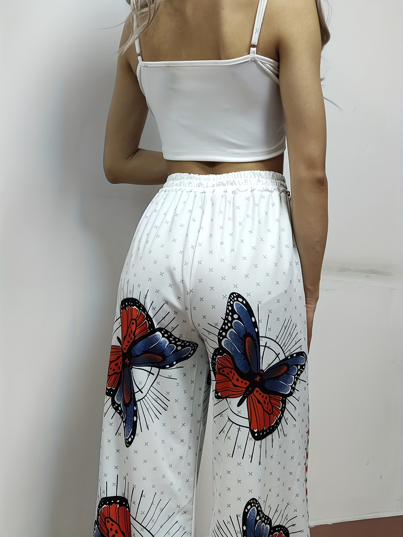 Casual Two piece Pants Set Crop Halter Top Floral Print Wide