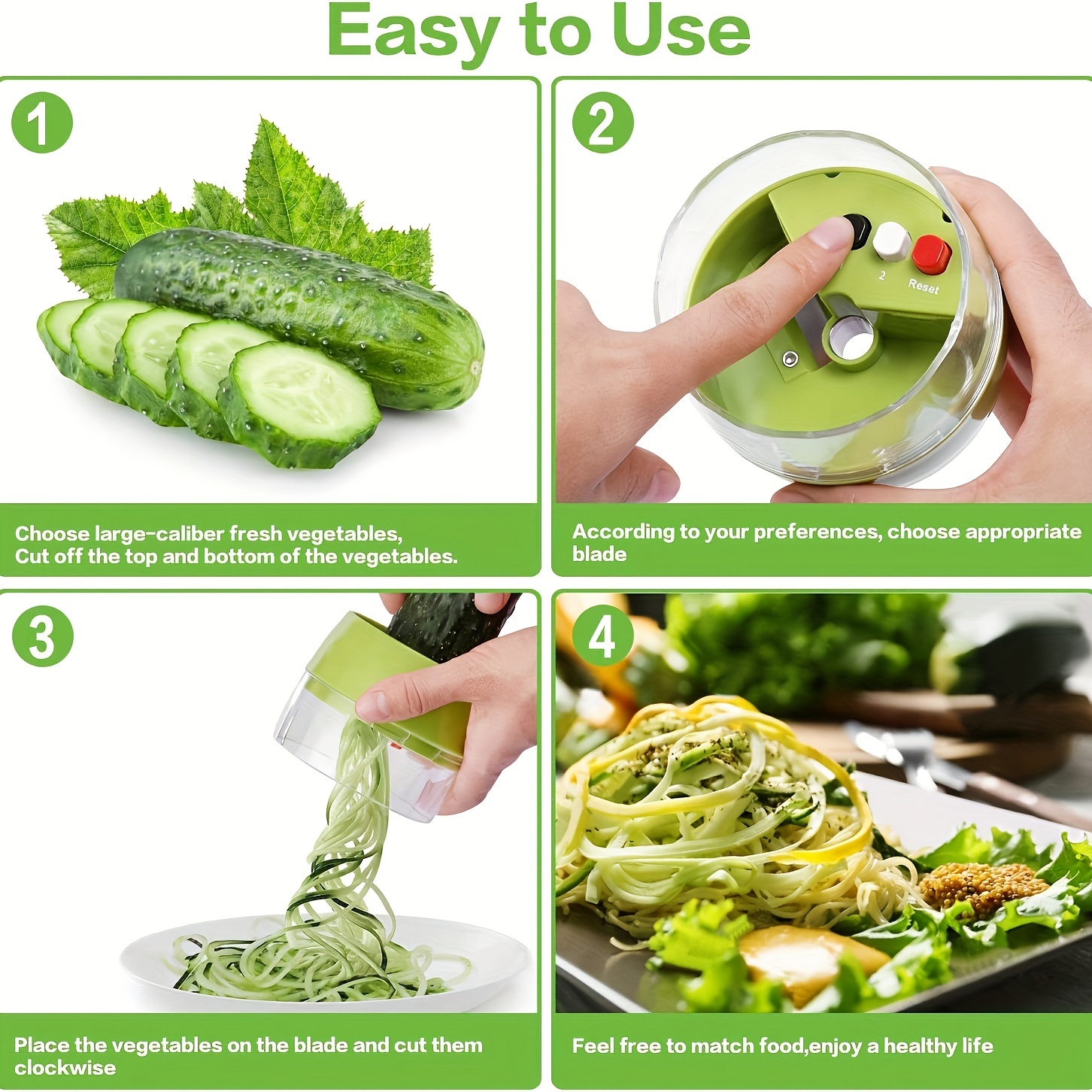 4in1 Veggie Spiralizer Manual Zucchini Noodle Maker Multifunctional