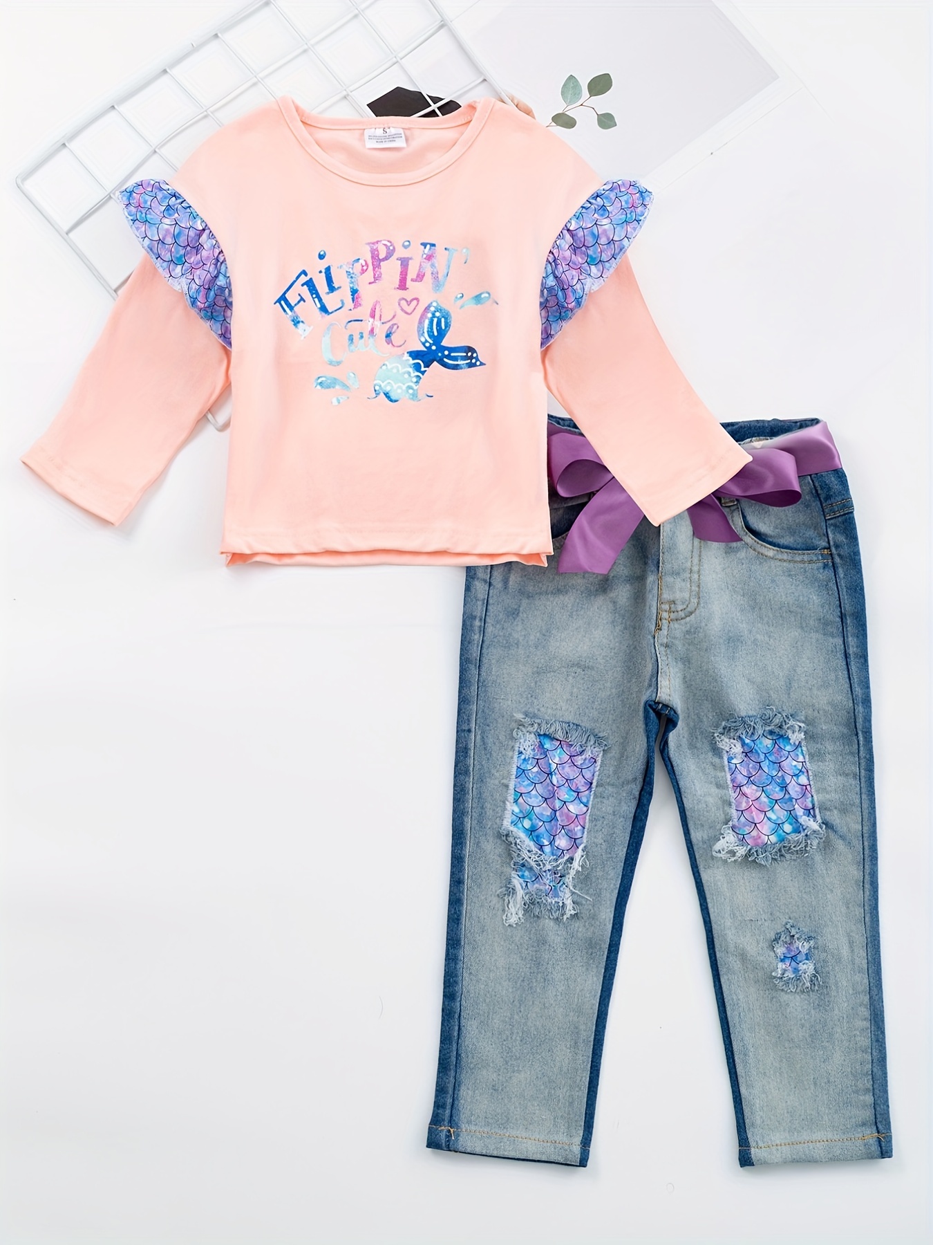 Toddler Girl's Mermaid Pattern Outfit Ruffle Decor Long - Temu France