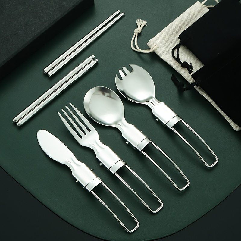 Stainless Steel Outdoor Camping Picnic Utensils, Travel Folding Cutlery Set