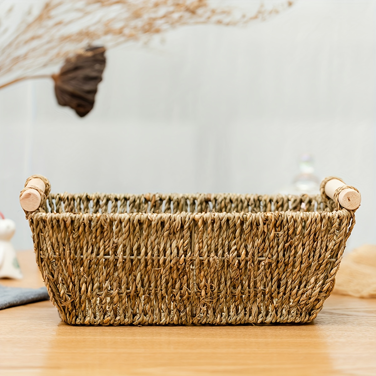 Straw Woven Storage Basket With Wood Handle Seaweed Woven - Temu