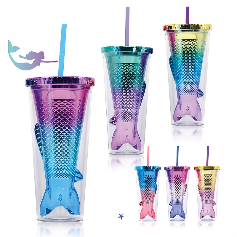 Gradient Color Mermaid Straw Cup Double layer Plastic Water - Temu