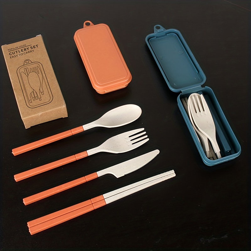 4 utensilios de viaje con estuche, juego de vajilla de paja de trigo, juego  de utensilios reutilizables con estuche y cubiertos, tenedores y cucharas