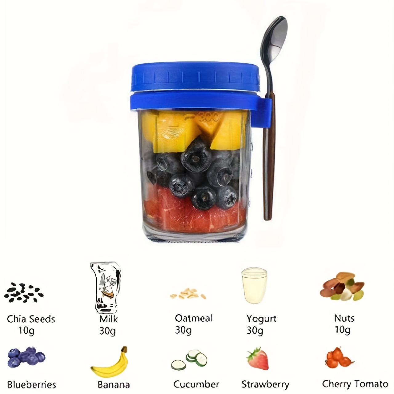 Overnight Oats Container, Overnight Oatmeal Container With Lid And Spoon,  Grain Milk Vegetable And Fruit Salad With Measurement Mark Storage Container,  Sealed Oatmeal Container Mason Can With Lid, Grain Container, Home Kitchen
