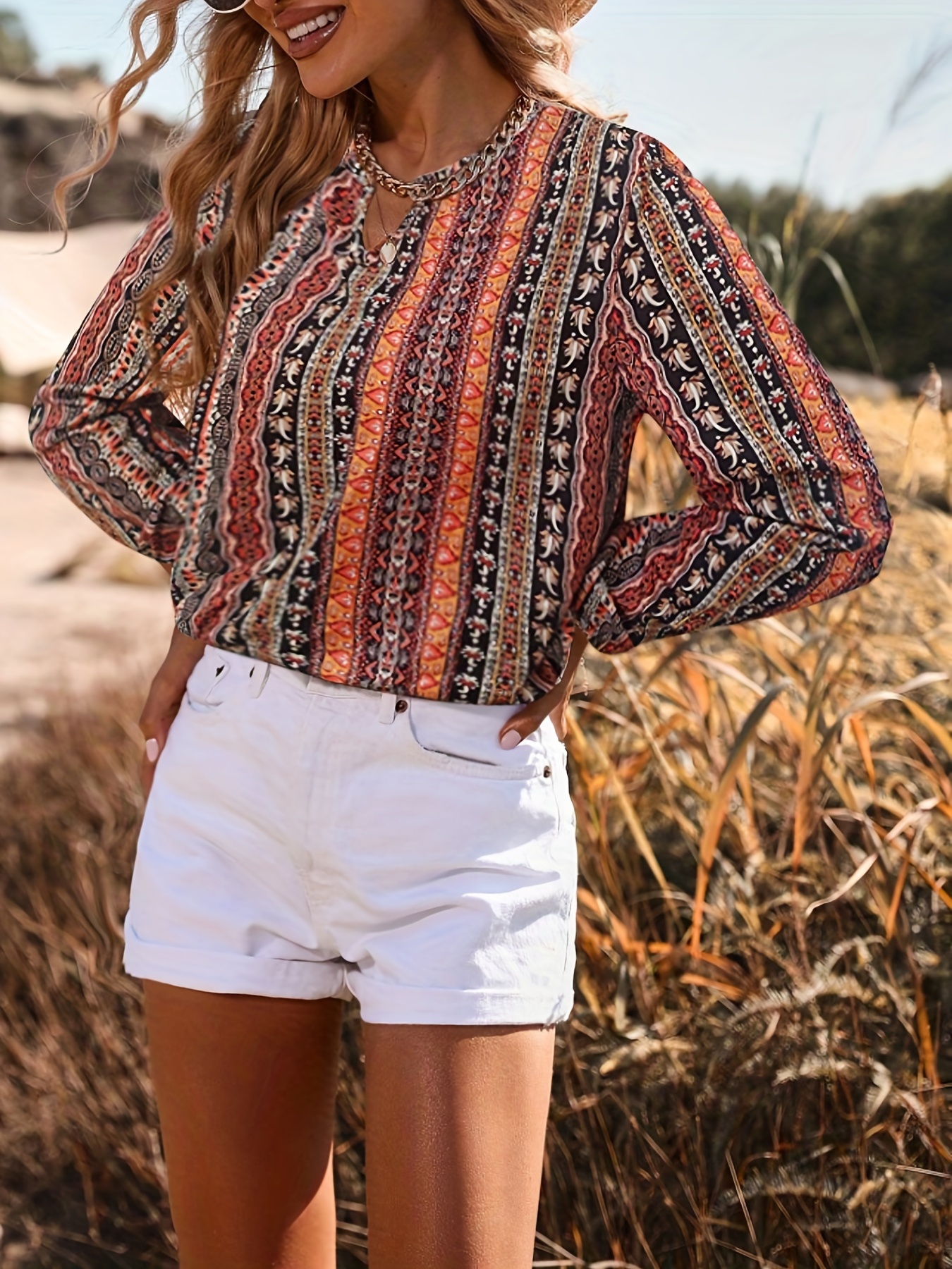 blusa bohemia larga estampado floral mujer camisa Temu Peru