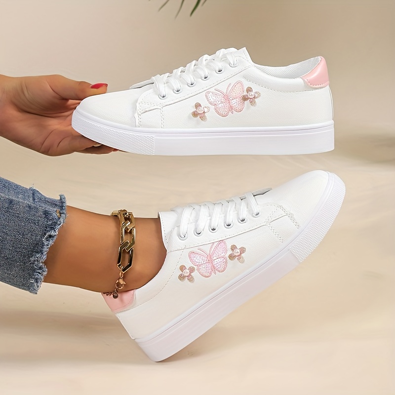 Butterfly Sequins Skate Shoes, Women's Sequin Decor Lace Up Lightweight Casual White Skate Shoes,Women Tennis Shoes,Temu