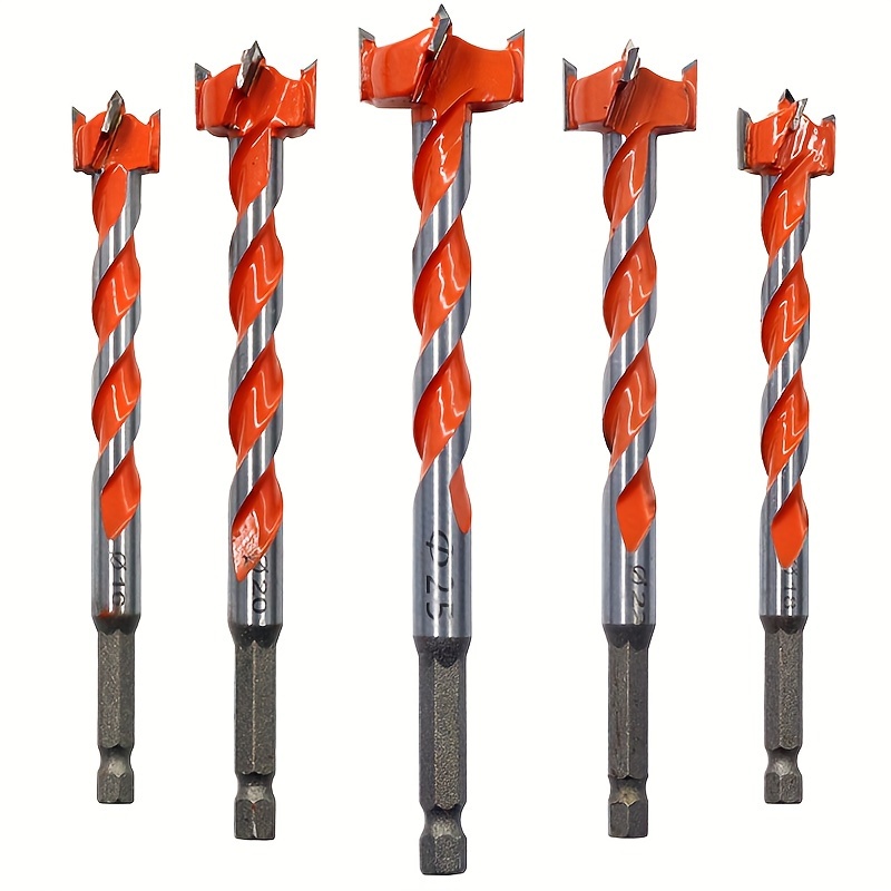 

5pcs, Woodworking Hole Opener - Alloy Long Threaded Drill Bit With Hexagonal Shank For Extended Length, Suitable For Drilling Holes In Wood Doors, Locks And Plastics Using Electric Screws