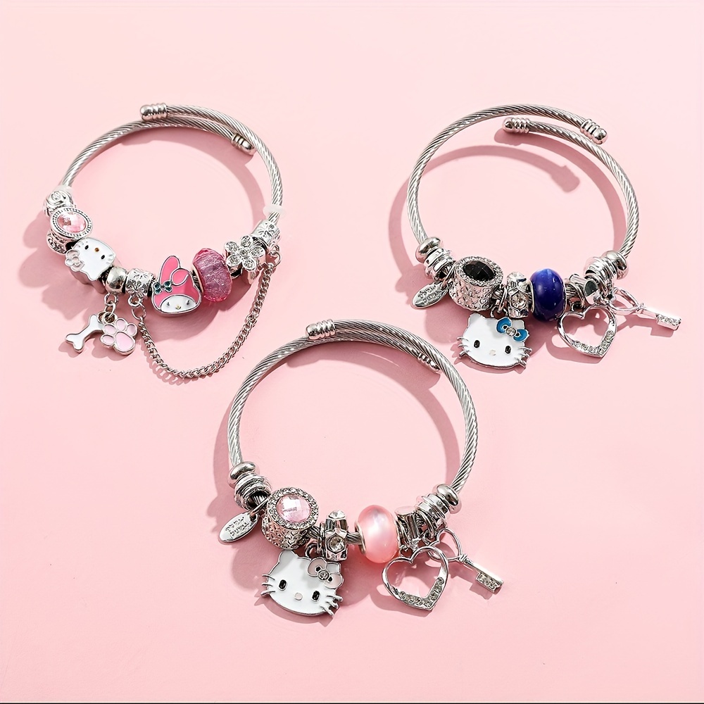 New Sanrio Hello Kitty Pandora Bracelets 925 Sterling Silver Series Heart  Shape Charms Beads Lucky Jewelry