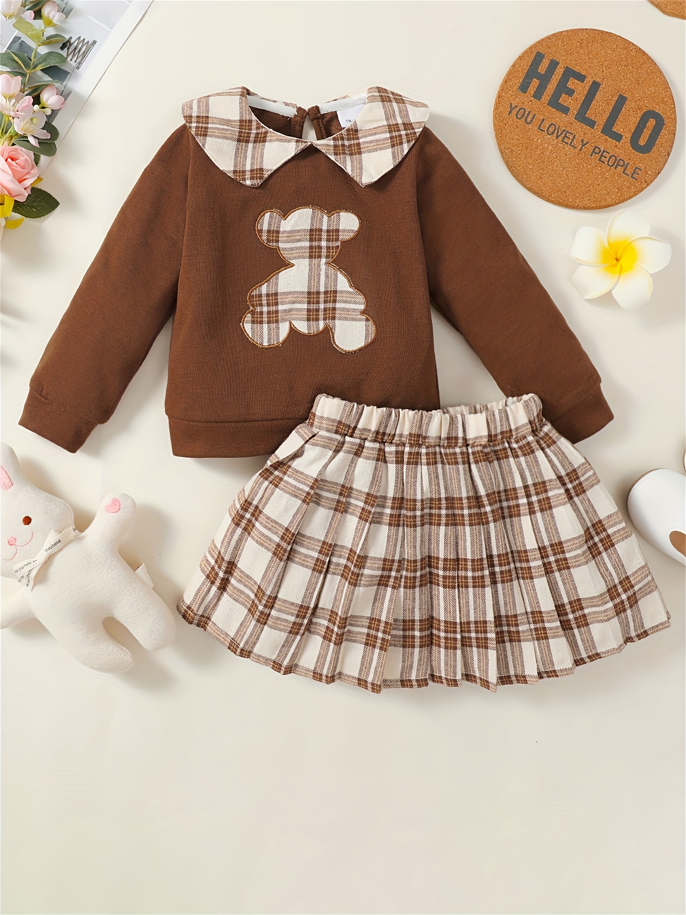 Toddler Girl's Preppy Style 2pcs, Long Sleeve Top & Pleated Skirt Set,  Cartoon Bear Patched Plaid Pattern Casual Outfits, Kids Clothes For Spring  Autu