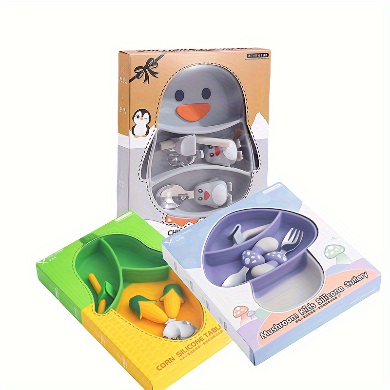 Cute Mushroom Baby Divided Plate Set Safe Silicone Suction Plate