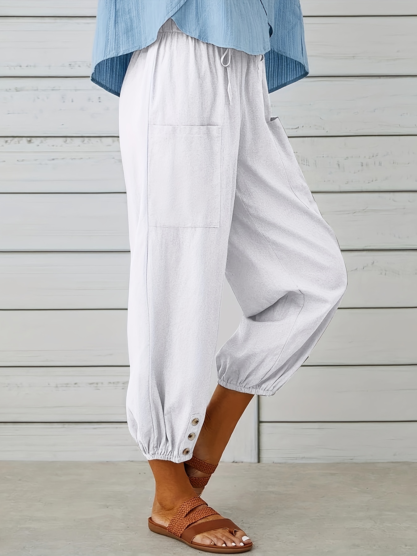 Capri Pants for Women Trendy Summer 2024 Cotton Linen Cropped Pants Loose  Fit Trouser Elastic Drawstring Waist Palazzo Pant : : Clothing