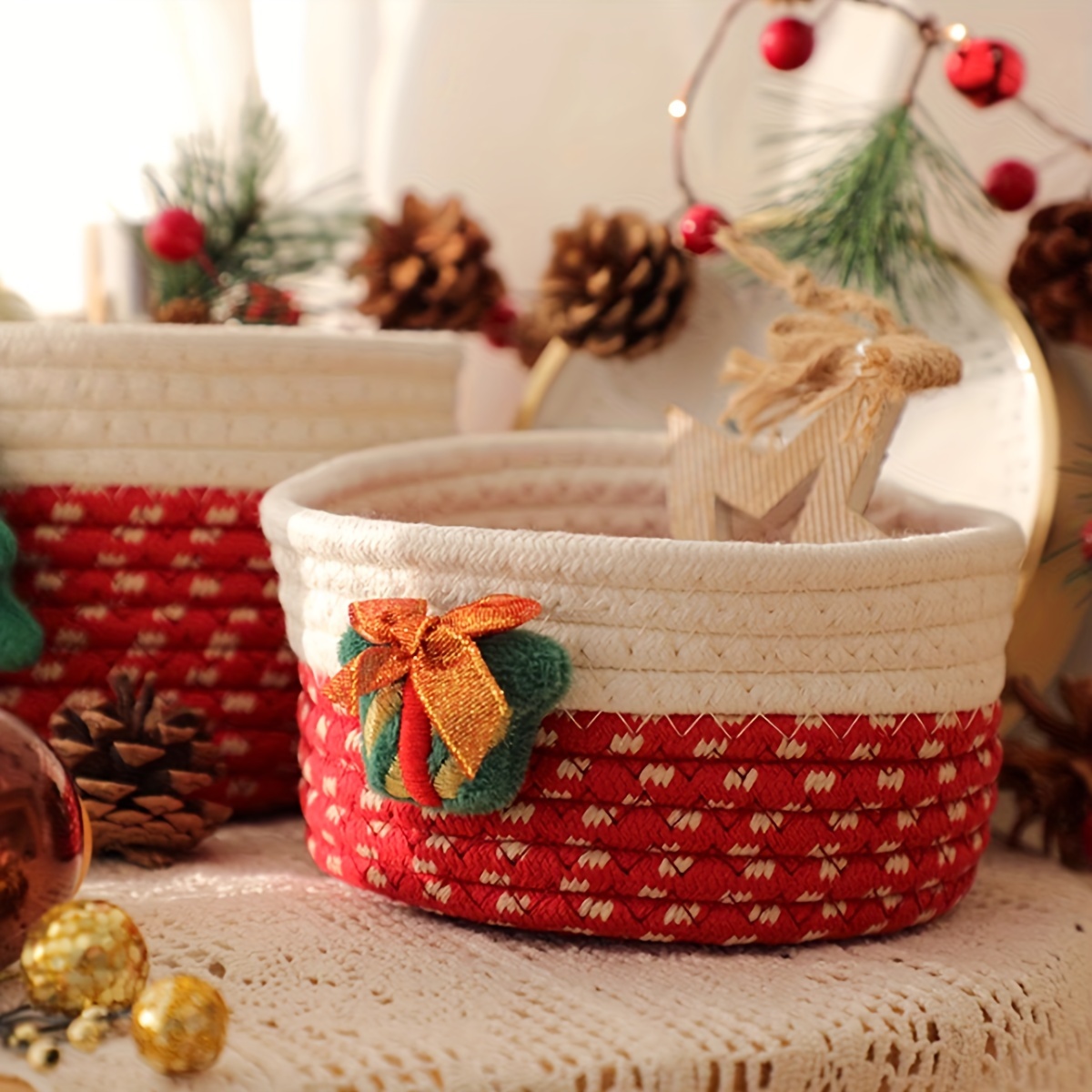 1pc Christmas Style Desktop Storage Basket, Cotton Rope Woven Desktop  Storage Basket, Cosmetics Small Items Key Remote Control Storage Box,  Christmas