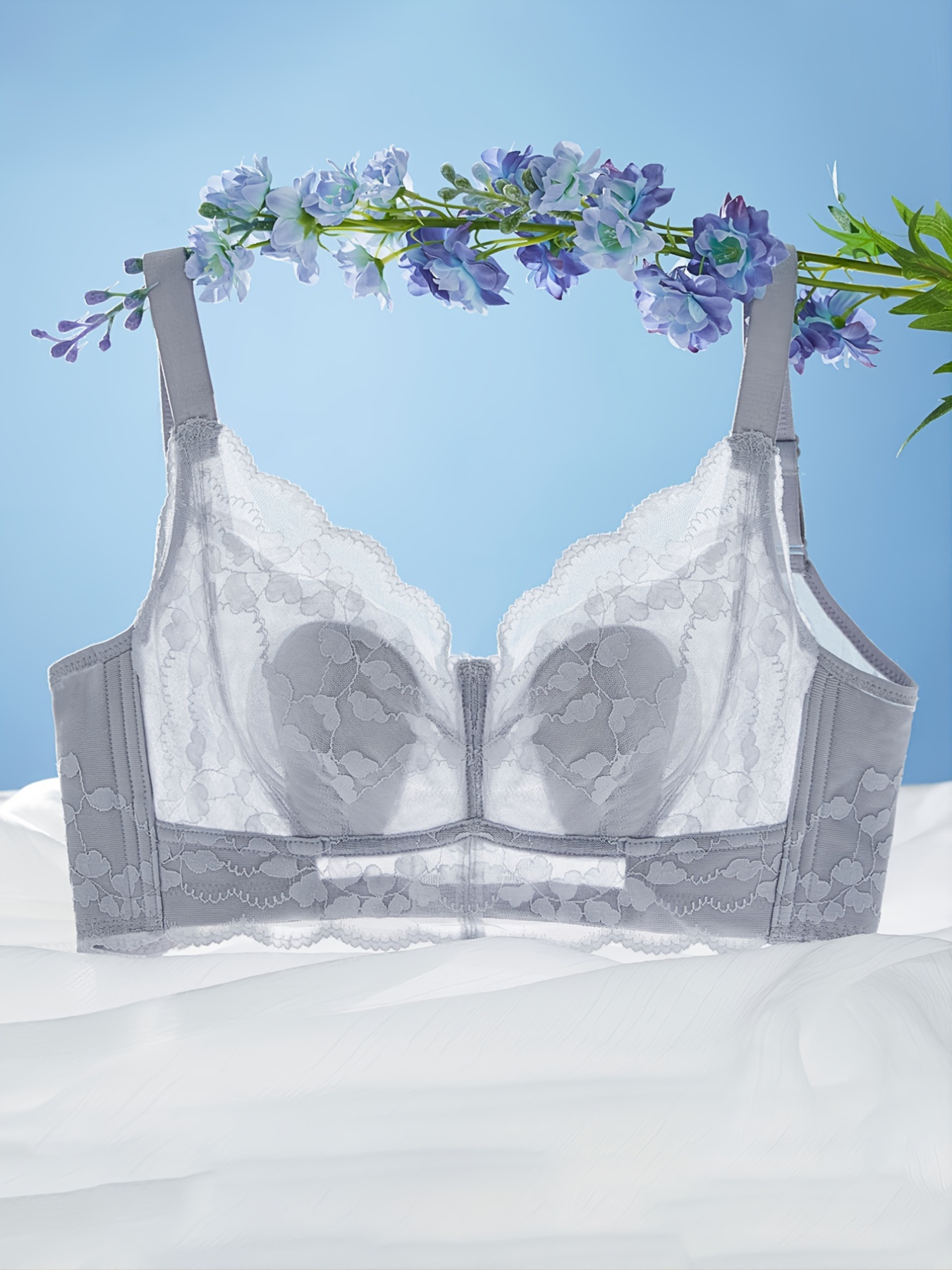 Womens Full Coverage Floral Lace Underwired Bra Plus Size Non Padded  Comfort Bra 40DDD White