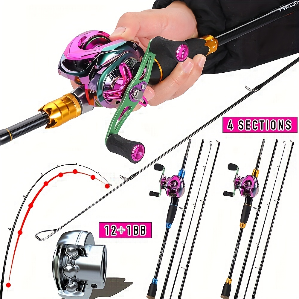 Freshwater Saltwater Travel Fishing Rod Reel Combos 5 Sections Casting Rod  12+1BB Baitcasting Reel