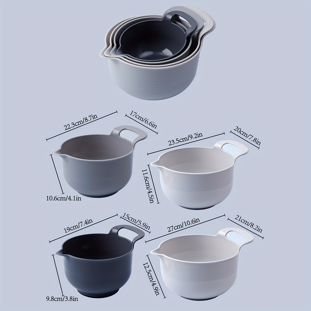 4 piece nesting plastic mixing bowl set with pour spouts and handles