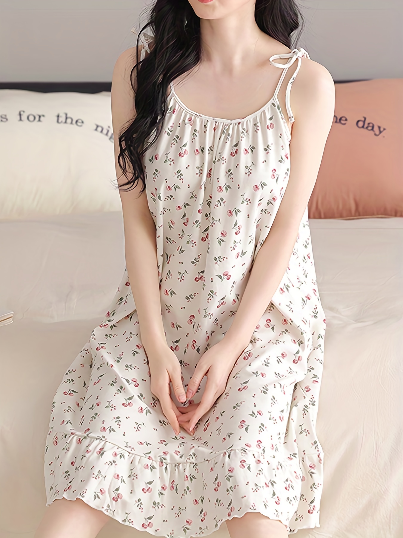 Women Nightgown Sleep Dress Vintage Ruffle Loose Fit Cotton Cute Bear  Pattern Breathable Homewear For Lady