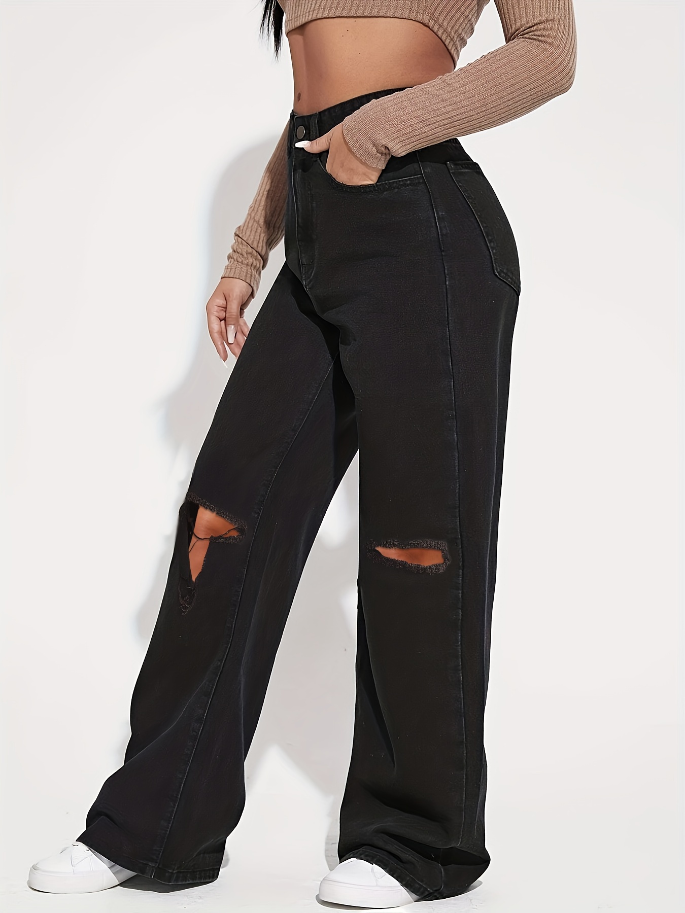 Black Loose Fit Straight Jeans, Slash Pockets Loose Fit High Waist Denim  Pants, Women's Denim Jeans & Clothing