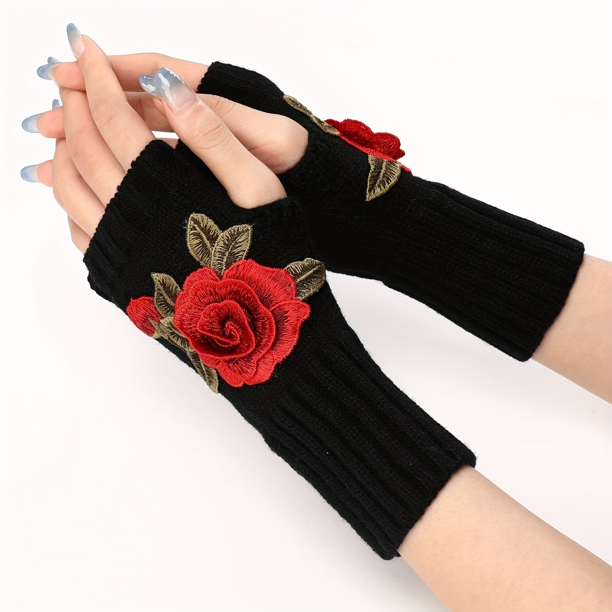 Short Flower Embroidered Knit Gloves Stylish Fingerless - Temu