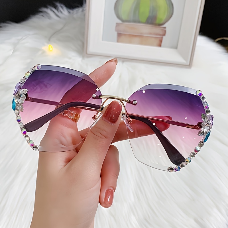 Gafas de sol con protecci n UV para mujer gafas de sol con diamantes de imitaci n sin montura para verano en la playa gafas de sol de estilo con montura de cristal y flores a la moda