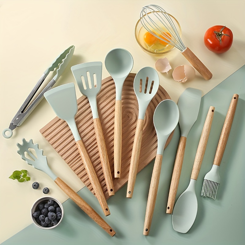 11Pcs Silicond Cooking Utensil Set Heat Resist Wooden Handle