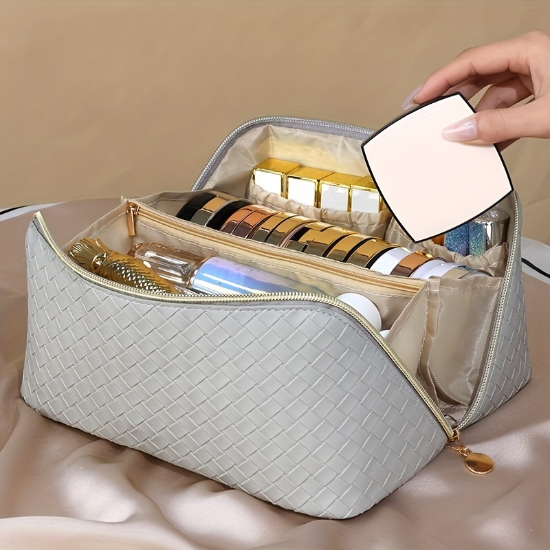 Katadem Travel Makeup Bag,Large Opening Makeup Bag,Portable Makeup Bag Opens Flat for Easy Access, Toiletry Bag,PU Leather Makeu