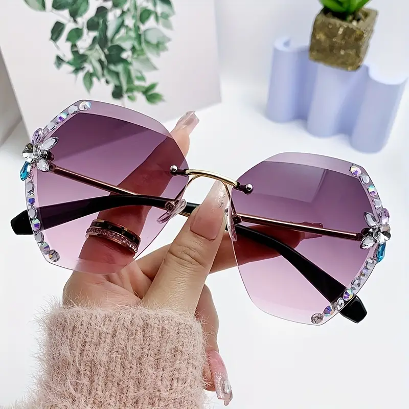 Rimless Ombre Lens Sunglasses For Women Men Oversized Rhinestone