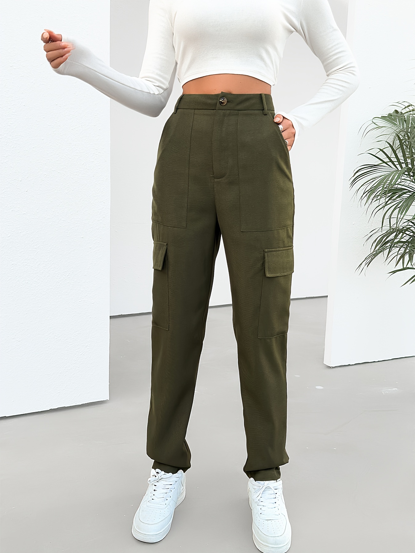 Solid Flap Pocket Slim Cargo Pants Casual Slant Pocket Pants - Temu
