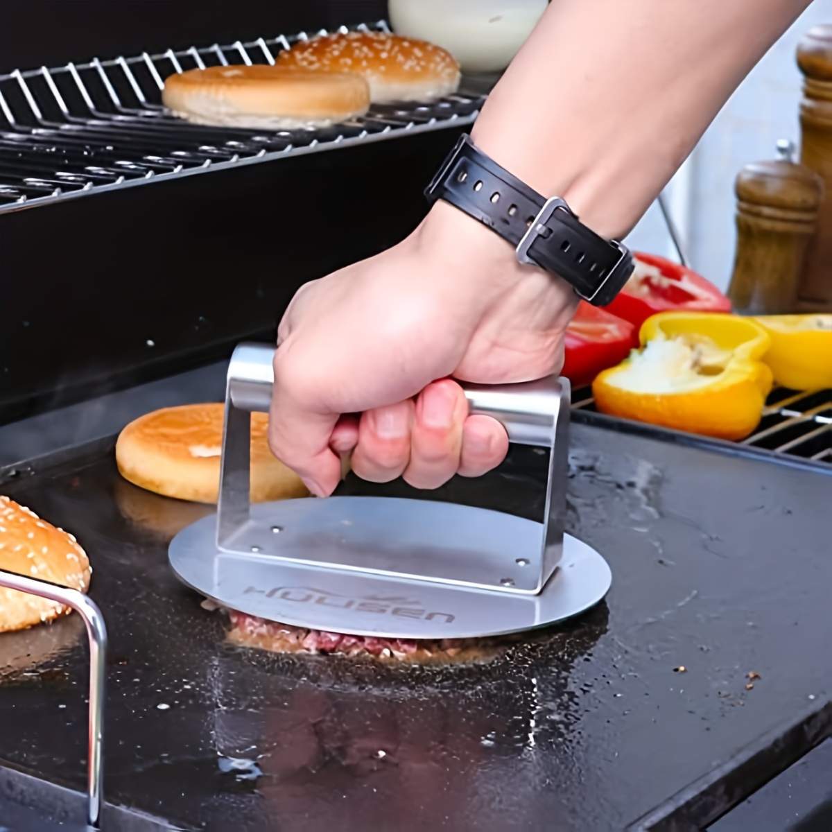 Burger Press Stainless Steel Burger Smasher Tool Smooth Non-Stick Grilling  Meat