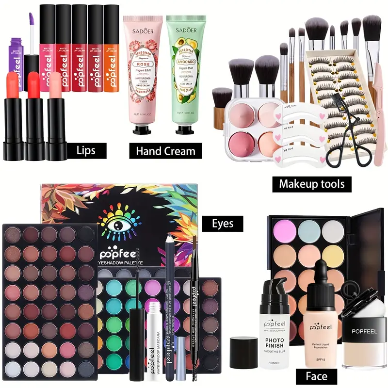 makeup box set cosmetic gift box eyeshadow eyeliner eyebrow pen lipstick lip gloss primer foundation loose powder and matching brushes and sponge puff full range all in one makeup set details 0