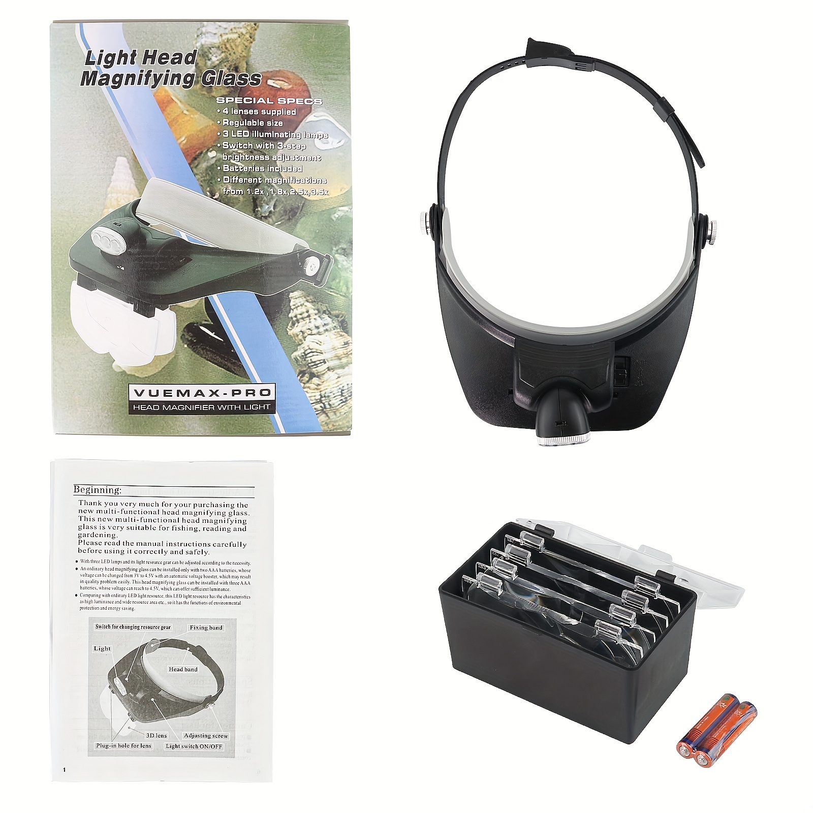 Head Magnifier with 5 LED Lights, Rechargeable Headband Magnifying Glass