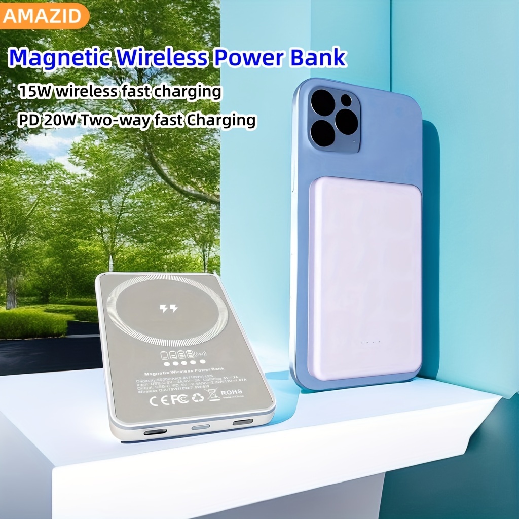 Portable Magnetic Wireless Power Bank 20000mah Battery With - Temu