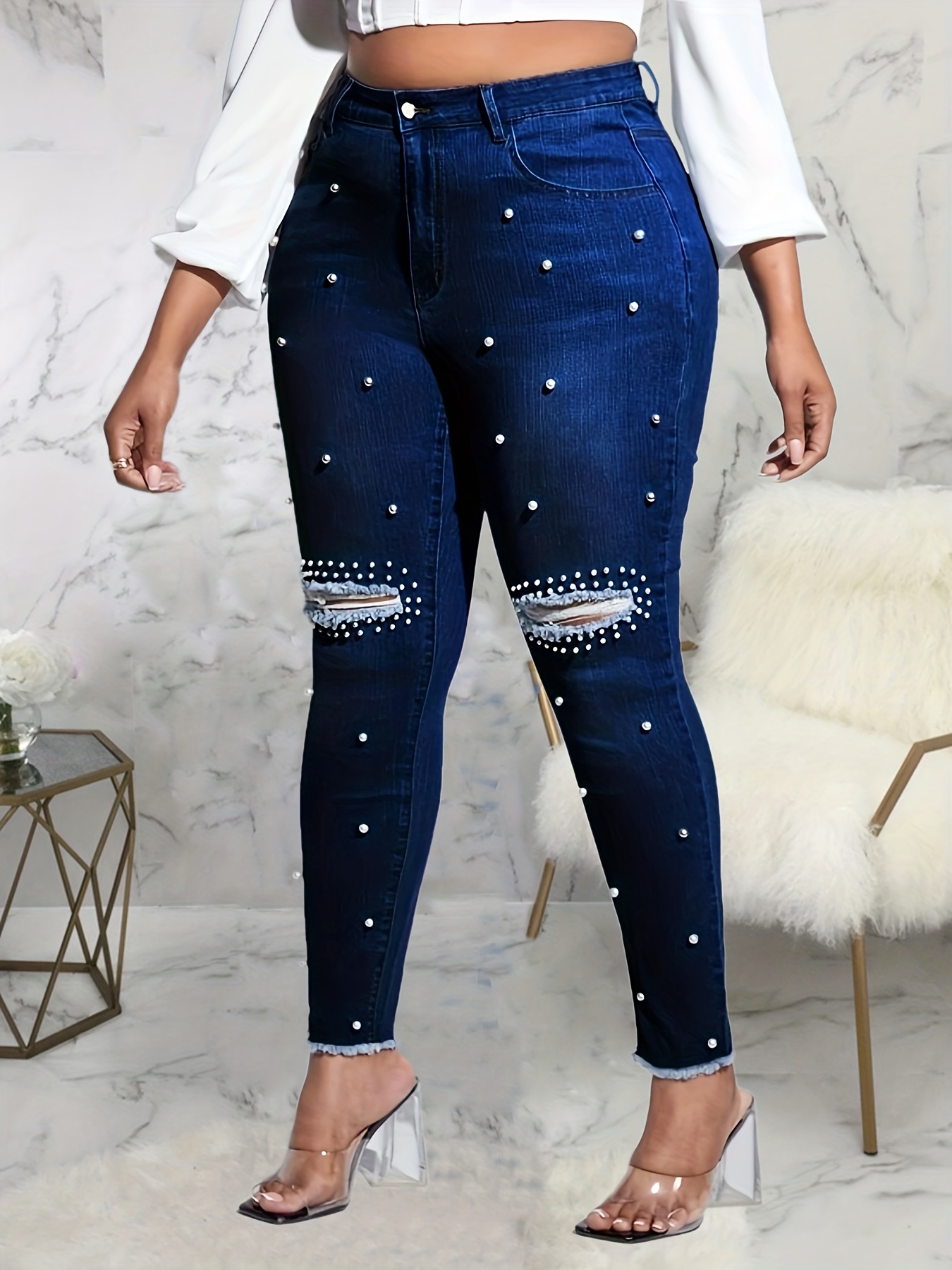  Women's Plus Size Jeans Plus High Waist Pearls Beaded Raw Cut  Skinny Jeans (Color : Light Wash, Size : 4X-Large) : Clothing, Shoes &  Jewelry