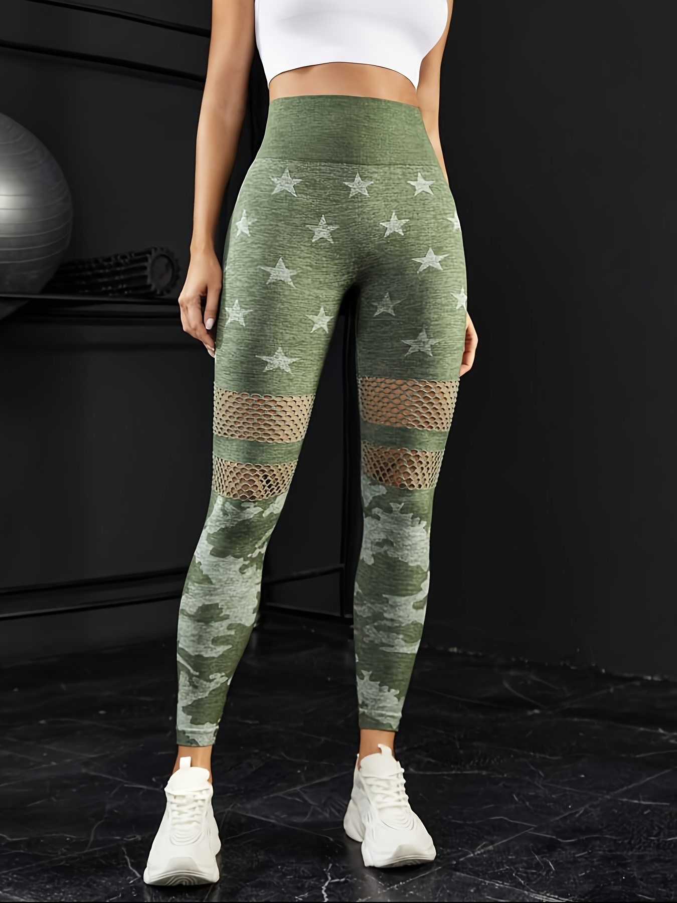 Star & Camouflage Pattern High Waist Sports Leggings, Quick Drying High  Stretch Fitness Running Hollow Workout Yoga Tight Pants, Women's Activewear