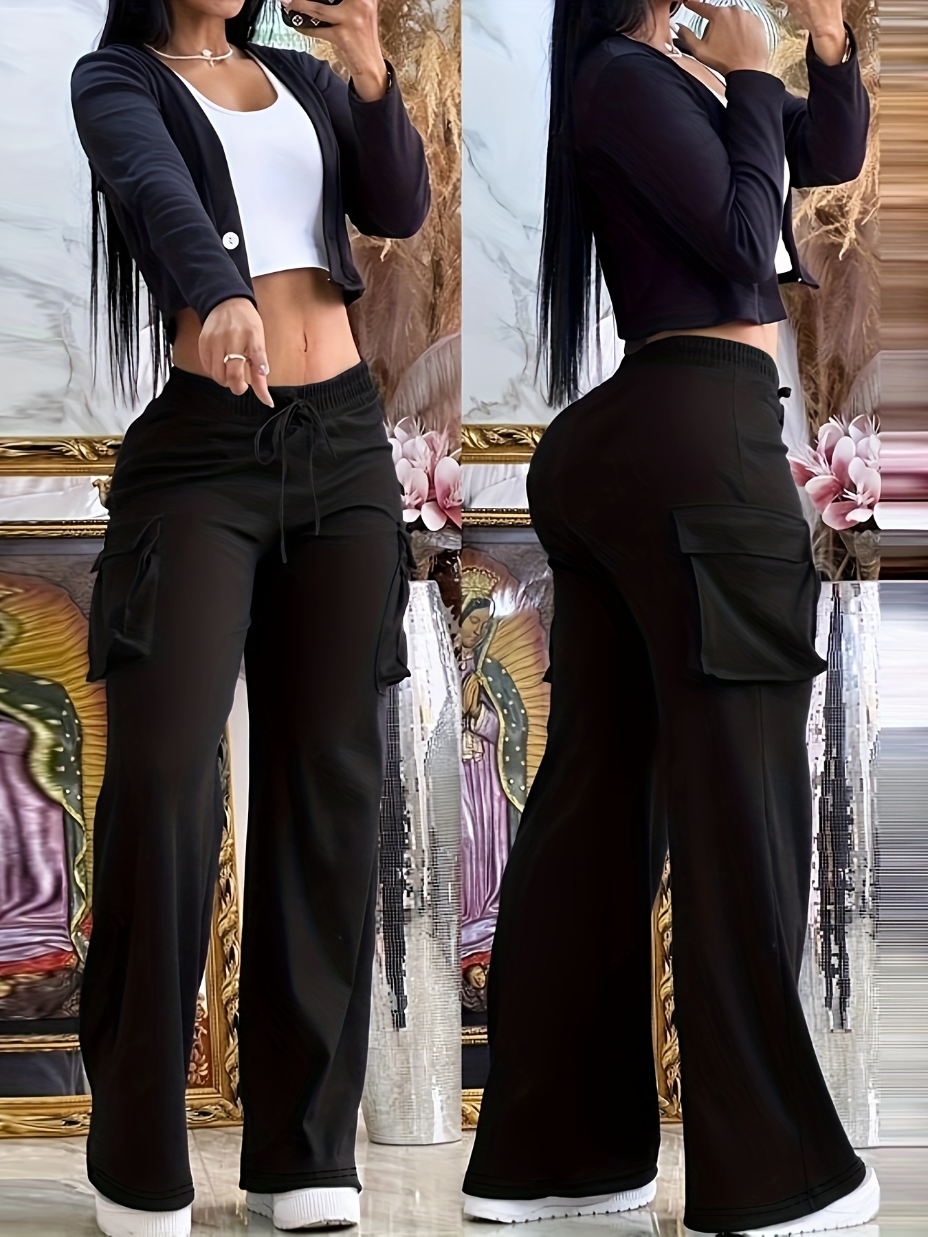 plus size casual pants womens plus solid elastic drawstring wide leg cargo pants details 1