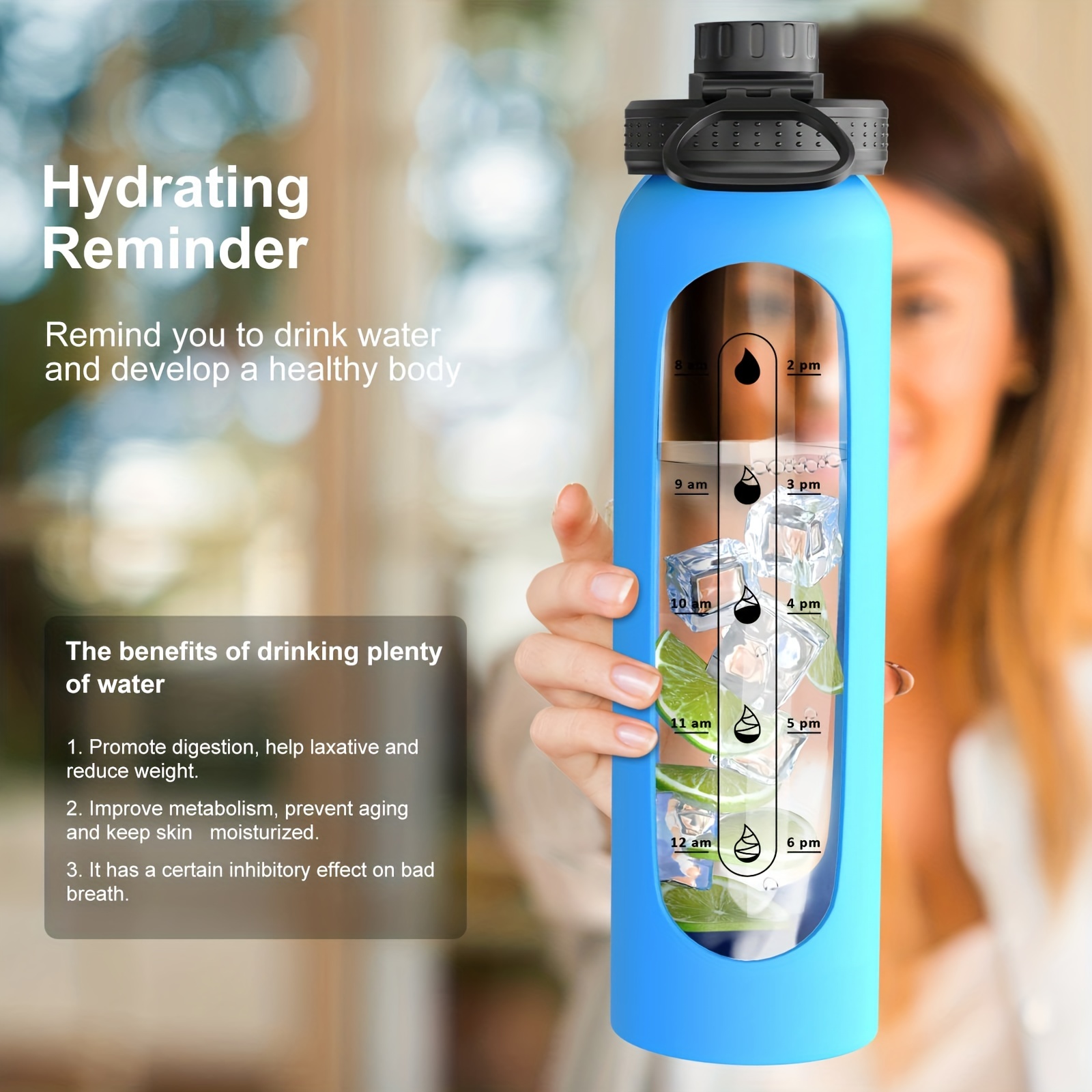 Glass Water Bottles 32 oz with Silicone Sleeve Drinking Hydration Bottles  Reusable BPA Free Borosilicate Wide Mouth Motivational Water Bottles with  Daily Time Marker Spout Lid and Brush (Green) 