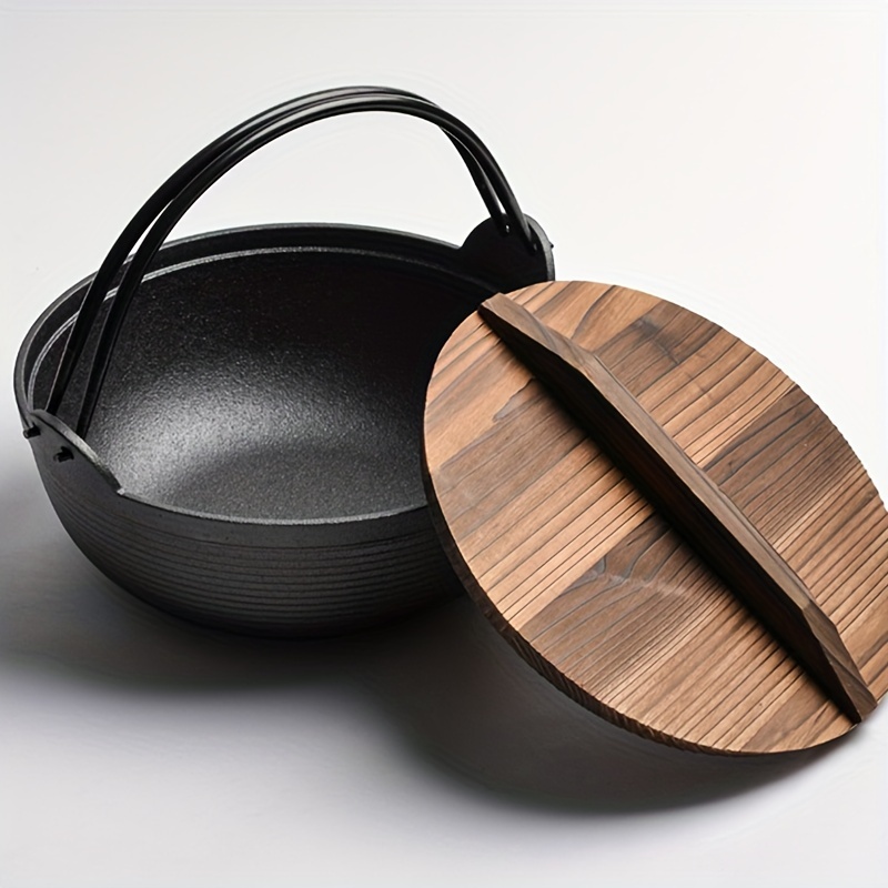 Cast Iron Pan, Japanese Cast Iron Thicken Sukiyaki Pot with Wood Non-Stick  Pan, Japanese Hot Pot, Multi-Purpose Cast Iron Stockpot Stove Uncoated-19cm