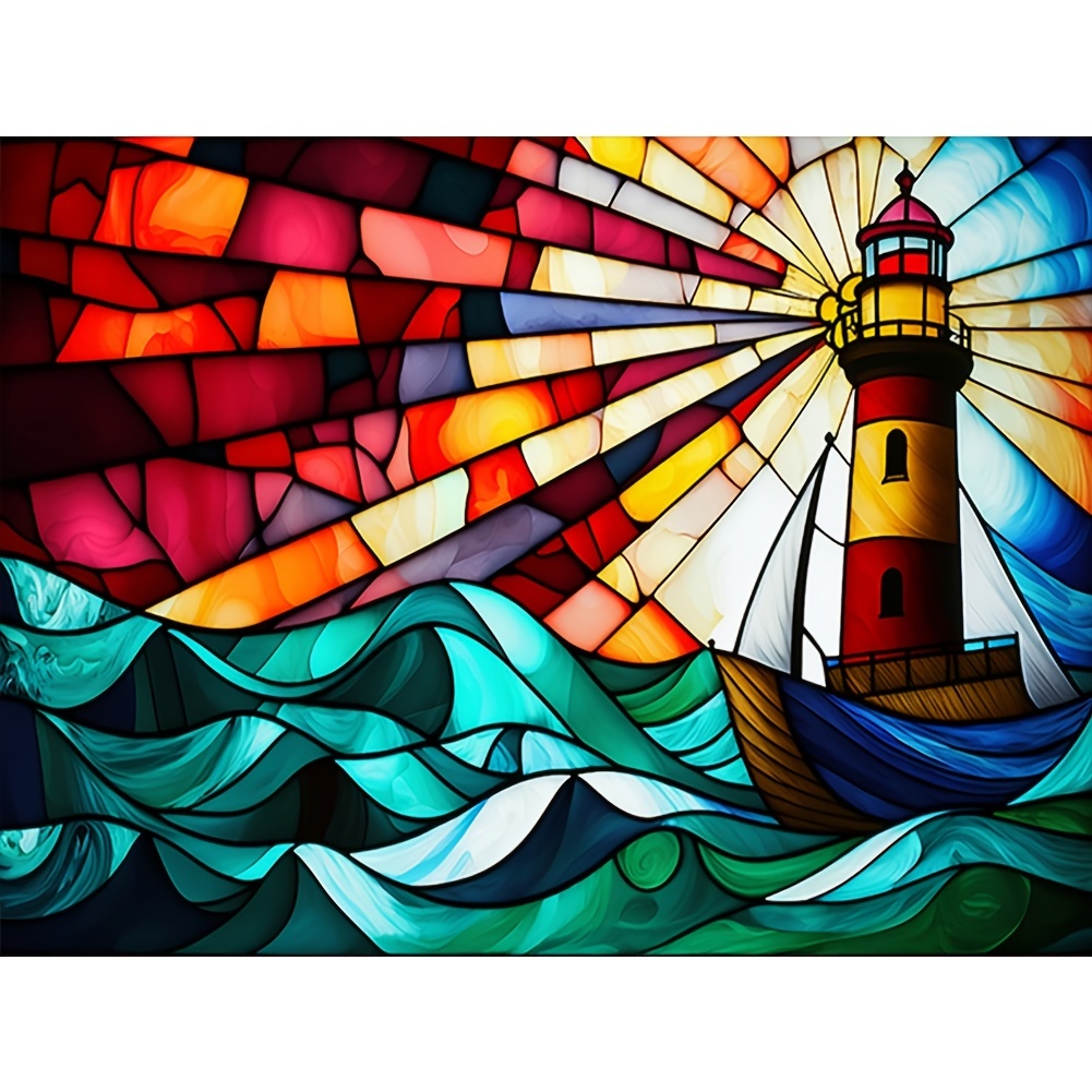 

1pc 30*40cm/ 11.8 * 15.75in Round Acrylic Oil Painting Canvas Making Lighthouse In The Ocean Diamond Painting Kit Handmade Diy Living Room Decoration Christmas Decoration