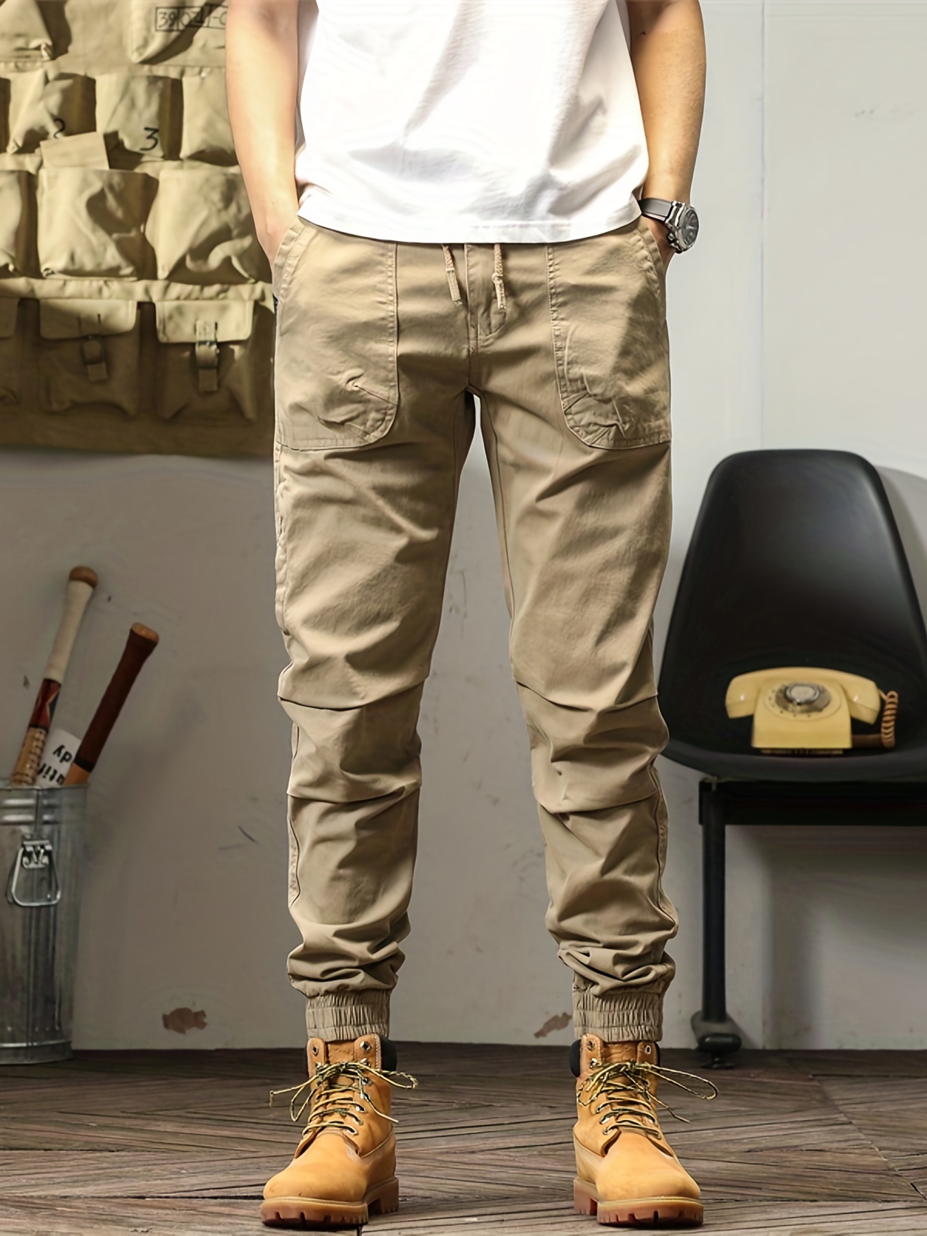 Trendy Solid Color Cargo Pants Men's Casual Joggers Cotton - Temu Canada