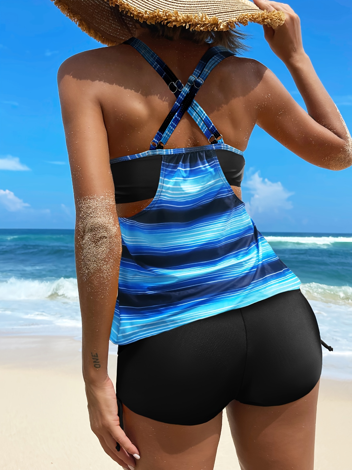 Striped Print Tie Side High Waist Criss Cross Back Blue & Black Color Two  Piece Tankini Sets Swimsuit, Women's Swimwear