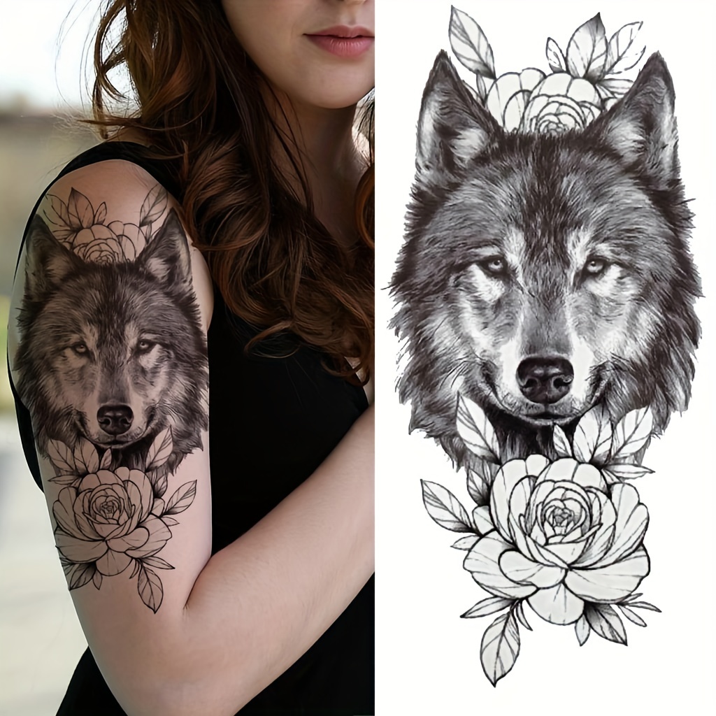 

Waterproof Temporary Tattoo Sticker For Women, Wolf Head Flower Body Art For Arm