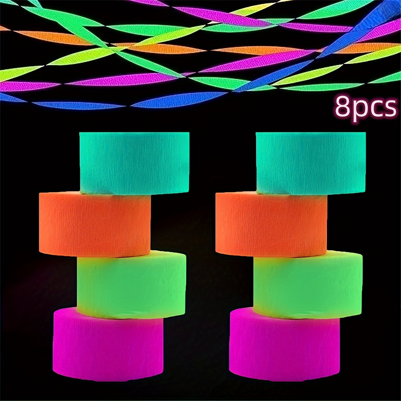 Qouui 656Feet Glow in The Dark Party Supplies Neon Streamers Black Light Party Decorations, 8 Rolls Glow Crepe Paper Streamer UV Reactive Fluorescent