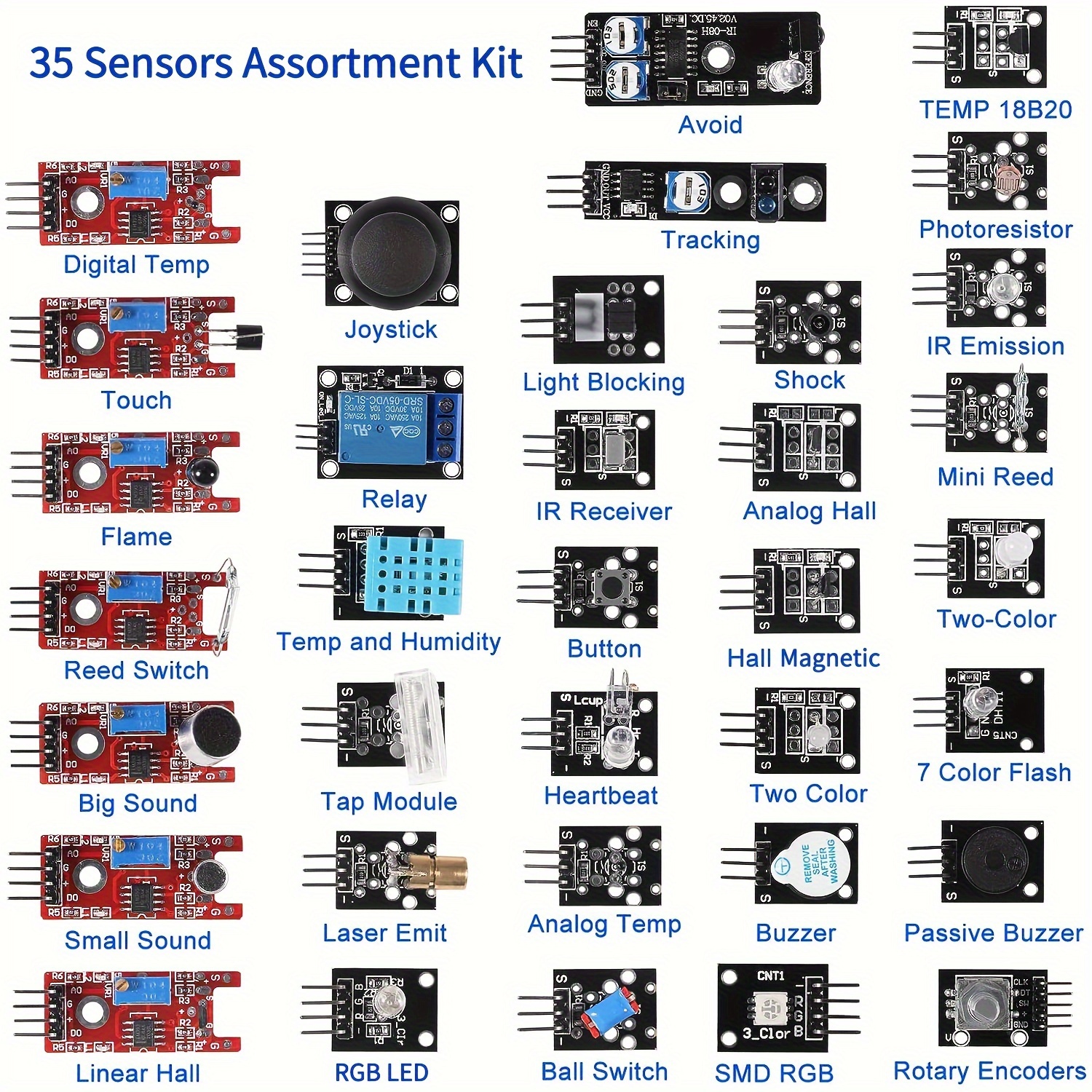 

Kit de démarrage de capteurs assortis 35 pièces, modules de capteurs pour projets de robots pour Arduino et Raspberry Pi