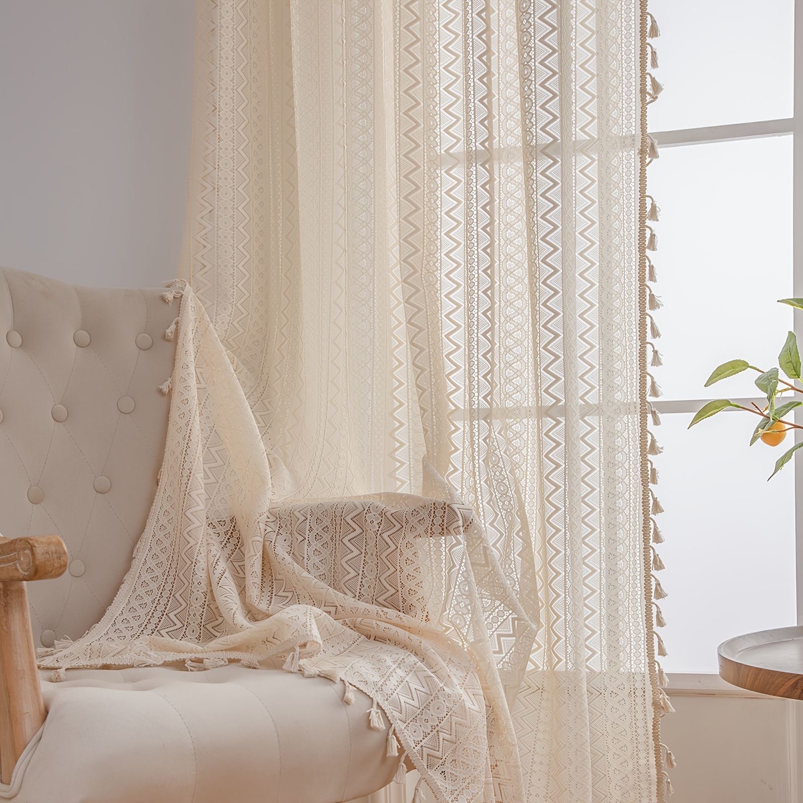 Cortinas beige para sala de estar, cortina semiopaca de algodón con borlas  de punto gofre para dormitorio/sala de estar, beige (bolsillo para barra)