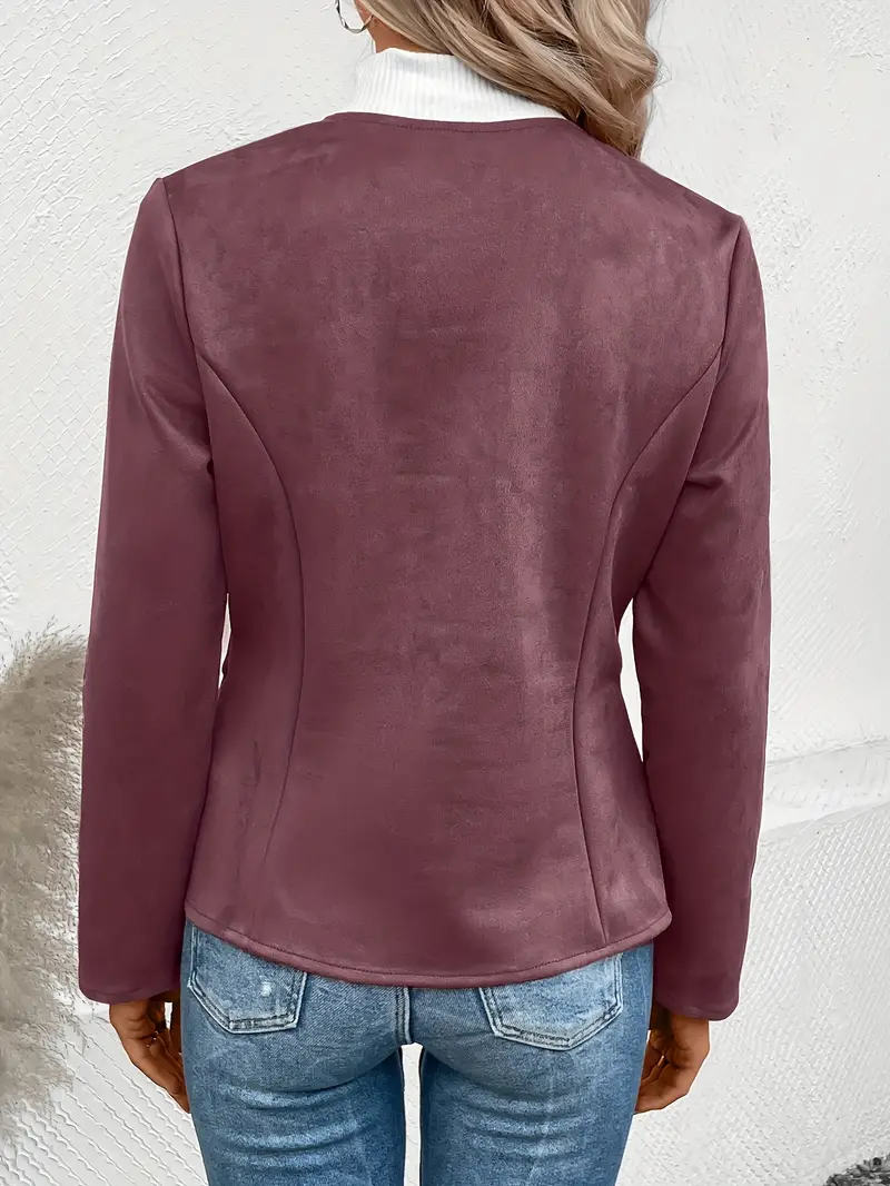 plus size elegant jacket womens plus solid long sleeve zip up round neck jacket details 0