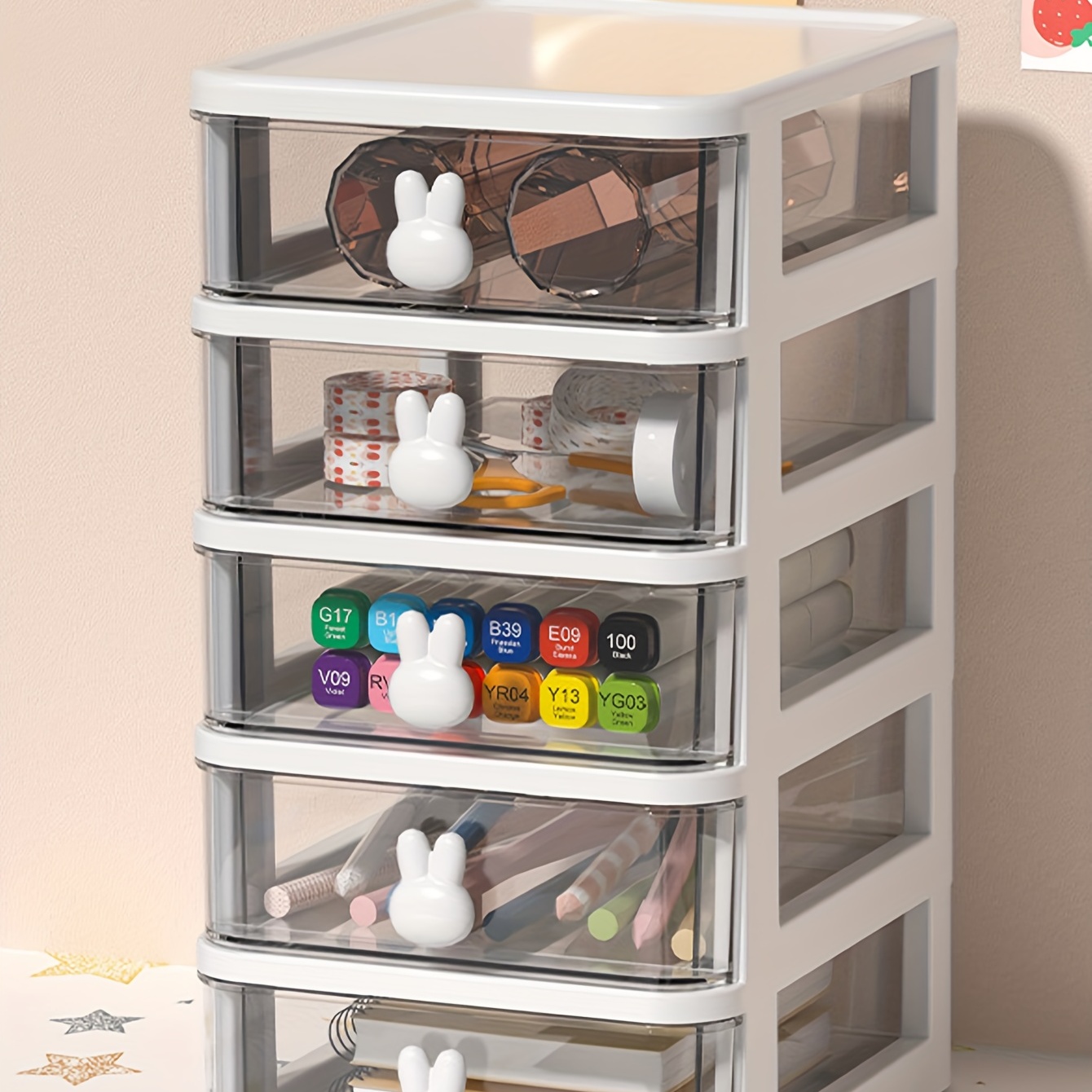 Solacol Plastic Storage Drawers Organizer Desktop Storage Box, Transparent Small Drawer Desk, Plastic Mini Storage Box, Rabbit Stationery Storage Box
